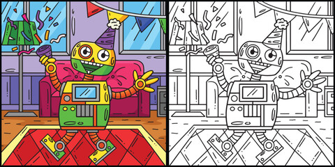 Robot with a Party Hat and Confetti Illustration