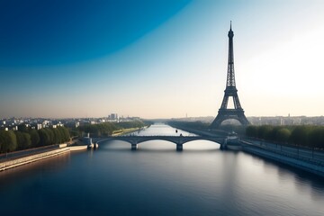 Eiffel Tower landscape, Wide shot with blue sky  - obrazy, fototapety, plakaty