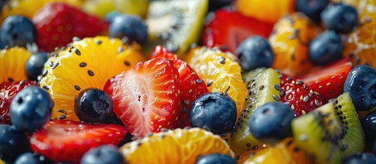 A close-up view of a plate filled with assorted fruits, prominently featuring ripe strawberries. - obrazy, fototapety, plakaty