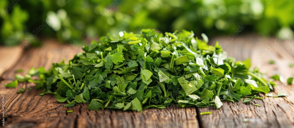 Poster a stack of chopped parsley is neatly arranged on a wooden table.