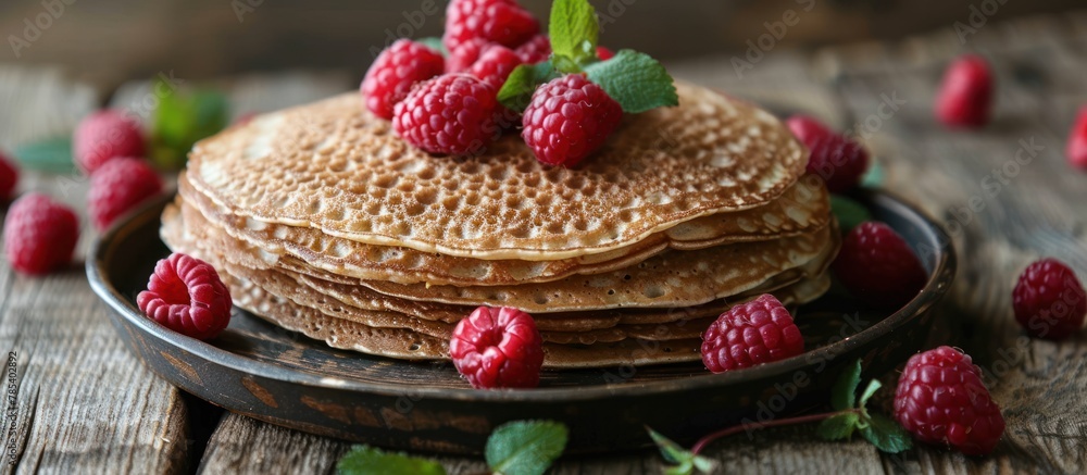 Poster a stack of freshly made pancakes topped with vibrant raspberries, creating a visually appealing and 