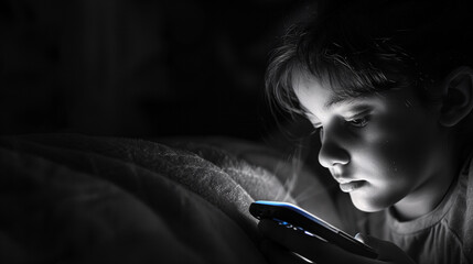 Niño mirando la pantalla del móvil en la oscuridad - obrazy, fototapety, plakaty