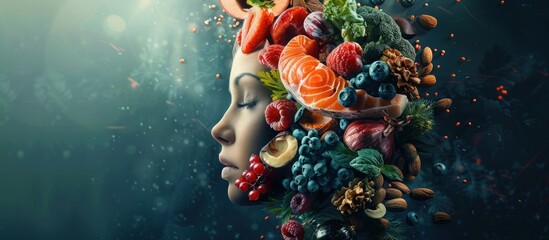 A creative illustration of a womans head constructed entirely from a variety of colorful fruits and vegetables.