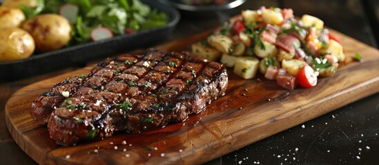 Fototapeta premium A cooked steak with a side of potato salad placed on a wooden cutting board.