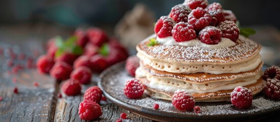 A stack of fluffy pancakes topped with a generous dusting of powdered sugar and fresh raspberries.