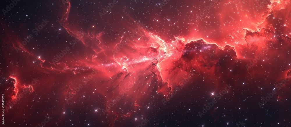 Poster a vivid red nebula dominates a dark space filled with countless stars, creating a striking contrast 