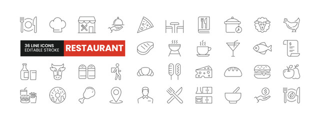 Set of 36 Restaurant line icons set. Restaurant outline icons with editable stroke collection. Includes Chef, Fast Food, BBQ, Healthy Food, Waiter, and More.