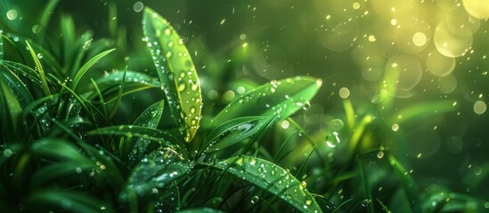 A close-up view of plant leaves shimmering with water droplets after a rainfall, showcasing the beauty of nature up close.