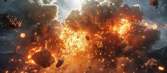 A huge explosion of rocks and debris erupting into the sky, scattering fragments in all directions.