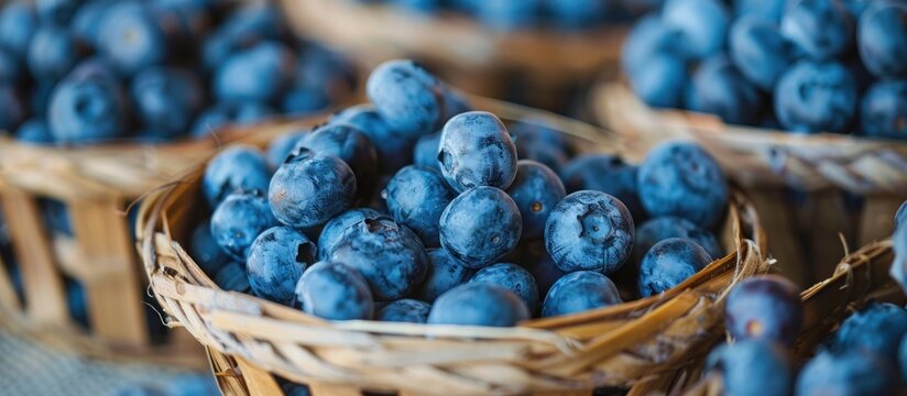 Three baskets filled with blueberries are neatly arranged on top of a wooden table.
