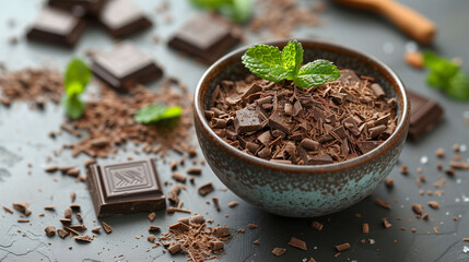 A bowl filled with chocolate shavings and mint leaves, surrounded by chocolate pieces on a dark surface. - obrazy, fototapety, plakaty