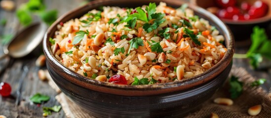 A wooden bowl filled with Turkish dish rice pilaf mixed with pine nuts and currants, topped with a colorful array of fresh vegetables.