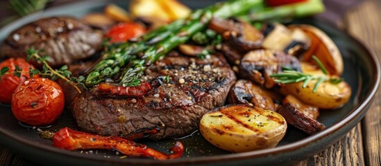 A close-up of a dish consisting of a juicy steak accompanied by seasoned potatoes, grilled asparagus, and ripe tomatoes on a white plate.