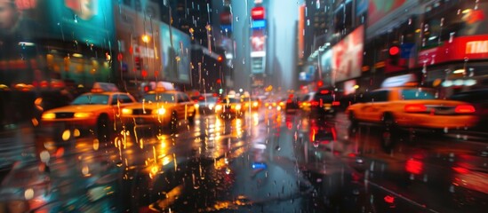 A city street at night filled with speeding cars, bright headlights, and rain-reflective surfaces...