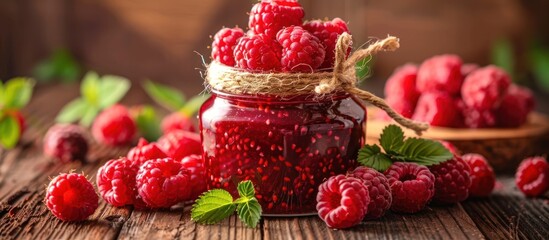A glass jar filled with vibrant red raspberry jam, with a bunch of fresh raspberries scattered...