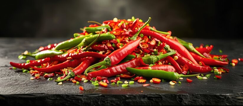 A variety of ripe red and vibrant green peppers stacked on a black surface.