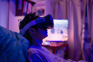 A person wearing VR glasses, completely immersed in a digital world, the room around them dimly lit and forgotten - obrazy, fototapety, plakaty
