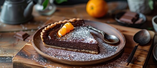 A delectable piece of chocolate pie sits on a white plate on a wooden surface, illuminated by natural light. - obrazy, fototapety, plakaty