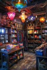 An enchanted workshop, where magic books meet digital tablets, under a spell of colorful, whimsical lights