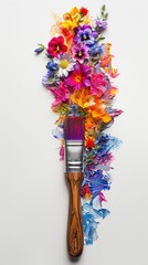 Beautiful Blooms A Paintbrush Adorned with Colorful Flowers on a White Background