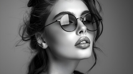 Beauty fashion model girl black and white portrait with sunglasses, generative ai