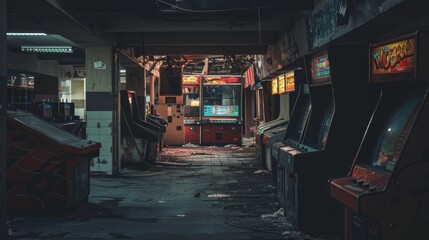Fototapeta na wymiar An abandoned arcade, machines still running, a beacon in the dark