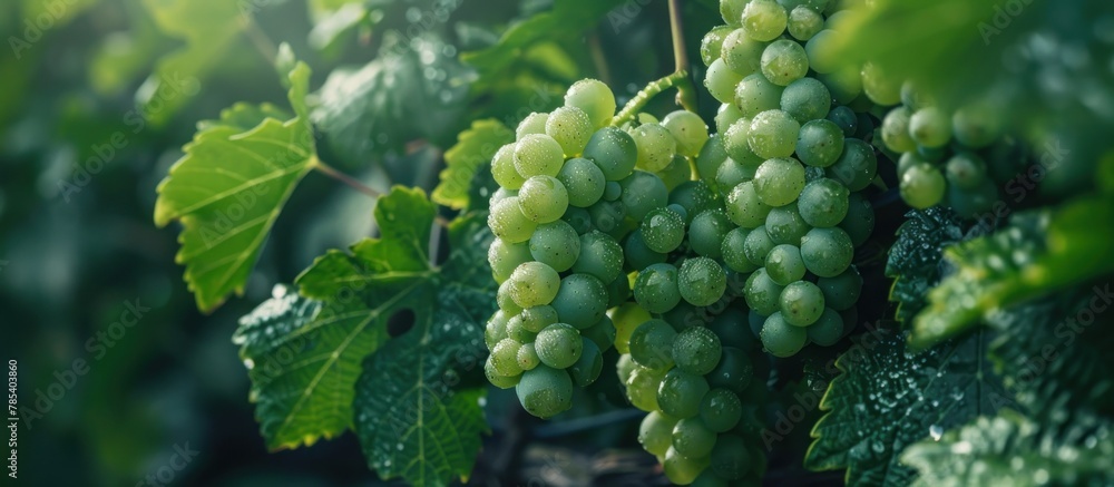 Poster a cluster of green grapes hangs from a tree in a backyard, surrounded by foliage.