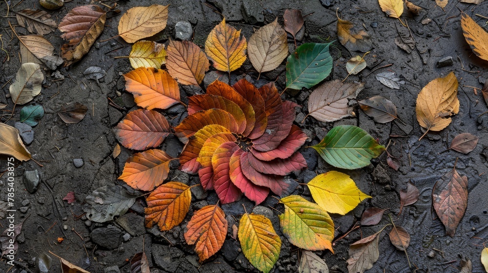Poster leaf patterns: a photo of a collection of leaves, arranged in a circular pattern on the ground