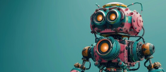 A pink and blue toy robot with big eyes stands on an ele. - obrazy, fototapety, plakaty
