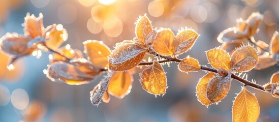 A detailed view of a branch with withered yellow leaves covered in a layer of frost and icy crystals on a cold winter day. - Powered by Adobe