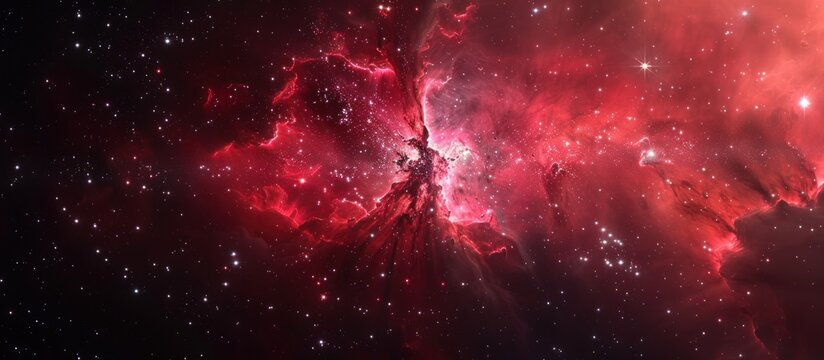 A red nebula surrounded by a vast black space filled with numerous twinkling stars.