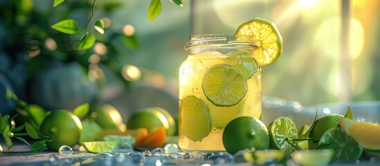 A mason jar filled with refreshing lemonade and fresh lime slices, creating a vibrant and thirst-quenching summer drink. - obrazy, fototapety, plakaty