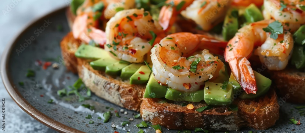 Poster a close-up view of a plate of food featuring fresh avocado toast topped with shrimp and accompanied 