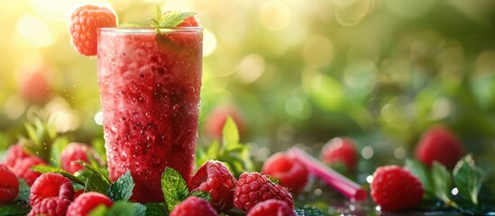 A tall glass filled with a vibrant raspberry smoothie surrounded by fresh raspberries on a table.