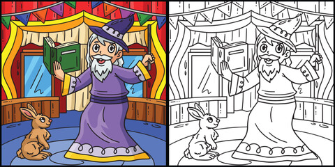 Circus Wizard with Rabbit Coloring Illustration