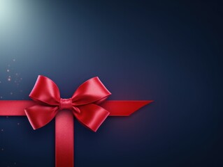 Red ribbon with bow on indigo background, Christmas card concept. Space for text. Red and Indigo Background