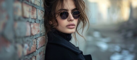 Obraz premium A woman in sunglasses, dressed in a black coat, leans against a brick wall.