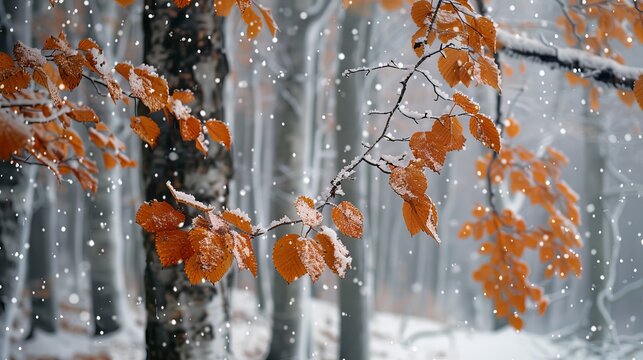 Seasonal Leaves: A photo of trees covered in snow, with only a few dry leaves