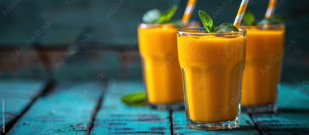 Poster three glasses filled with refreshing mango smoothie, each topped with a straw, placed neatly on a wo