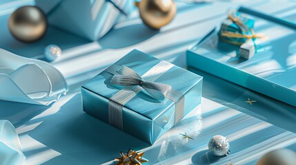 Professional product photography, hyperdetailed precious little gift objects forming nice modern aesthetics composition, blue color
