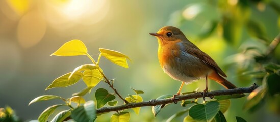 Obraz premium A small bird with colorful plumage perched on a branch of a lush green tree.