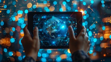 Technology and Communication: A photograph of a person video calling on a tablet with a background of global landmarks - obrazy, fototapety, plakaty