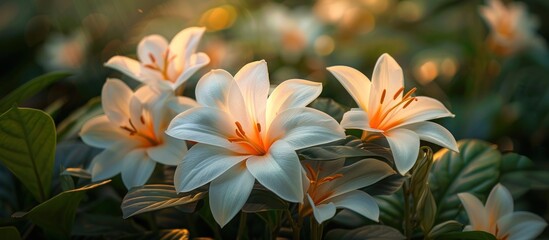 Obraz premium Group of elegant white flowers with vibrant orange centers surrounded by lush green leaves in a natural setting.