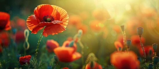 A vibrant field of red poppy flowers blooming under the suns warm rays, creating a beautiful scene in nature. - obrazy, fototapety, plakaty