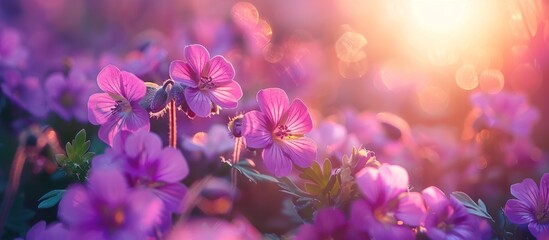 A field filled with vibrant purple flowers, with the sun glowing in the background, creating a...