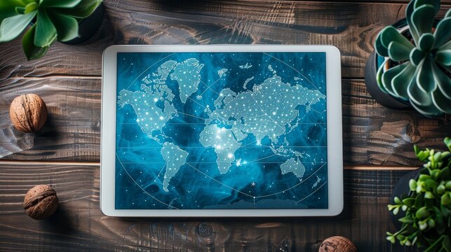 Technology and Communication: An image of a digital tablet with a world map on the screen