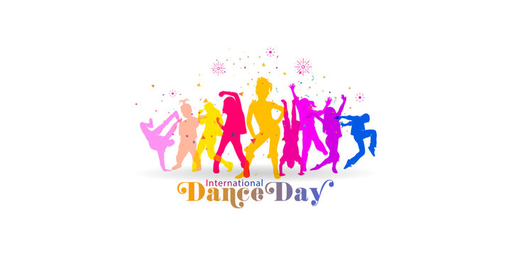 Vector illustration of Dance Day Theme. International Dance Day text with young youth boy girl children kids dance background.