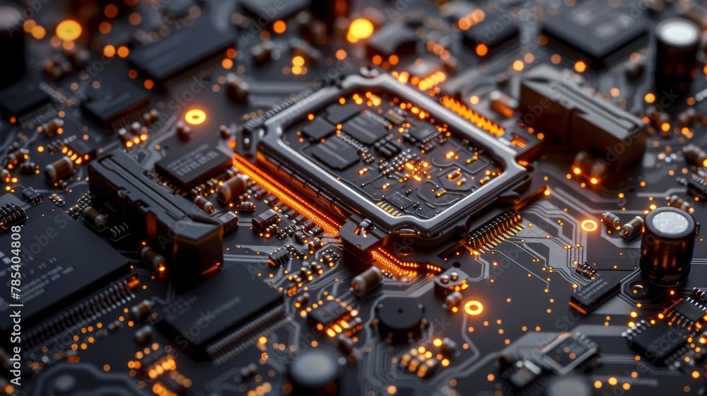 Poster technology close-up: a photo showing the intricate circuitry and connections of a high-end graphics 