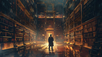 Man standing in a mysterious library digital art style