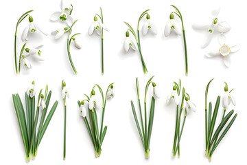 Snowdrops flowers collection isolated on white
